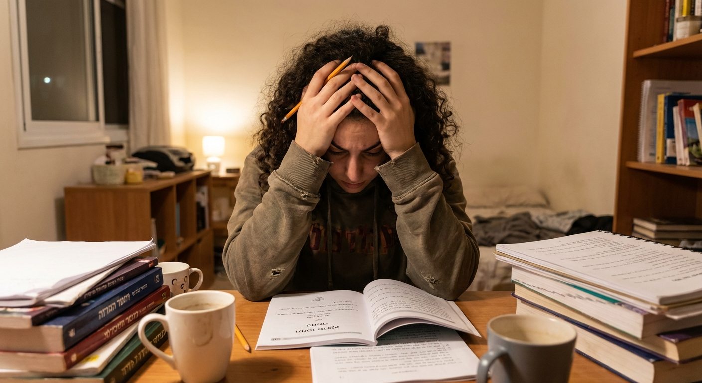 צעיר ישראלי יושב מול שולחן עם חוברות לימוד ועיפרון, ידיים על הראש, מבט מודאג
