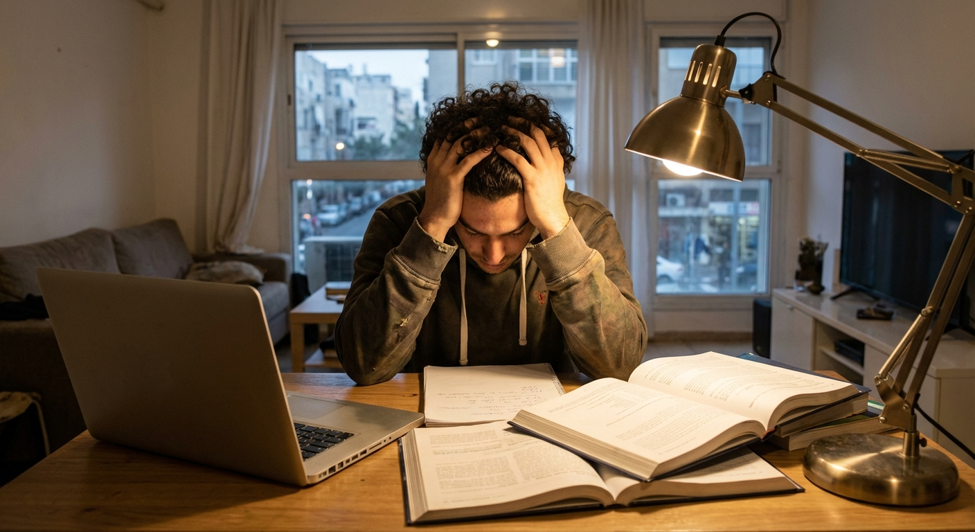 סטודנט ישראלי יושב ליד שולחן עם מחשב נייד וספרים, ידיים על הראש, חדר עבודה ביתי, אור מנורה