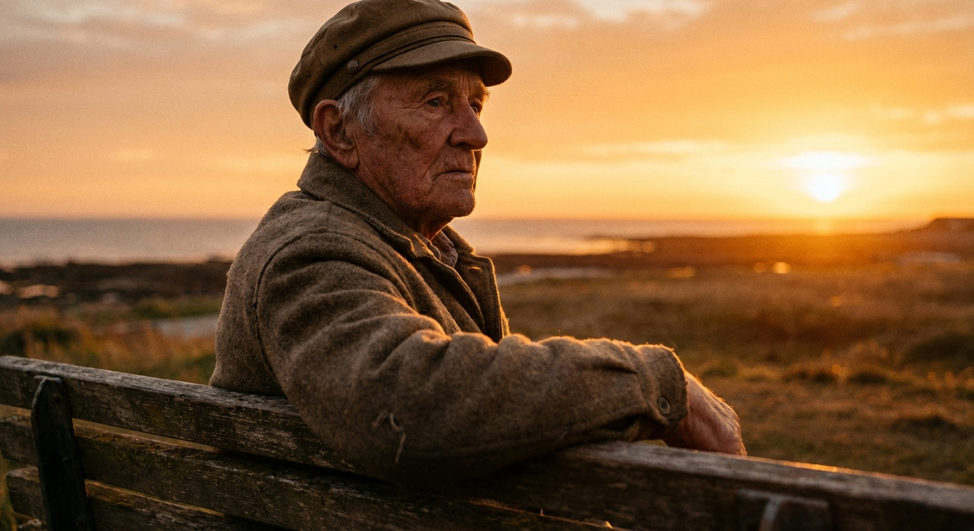 אדם מבוגר יושב על ספסל ומביט לאופק עם הבעה מהורהרת, שקיעה ברקע