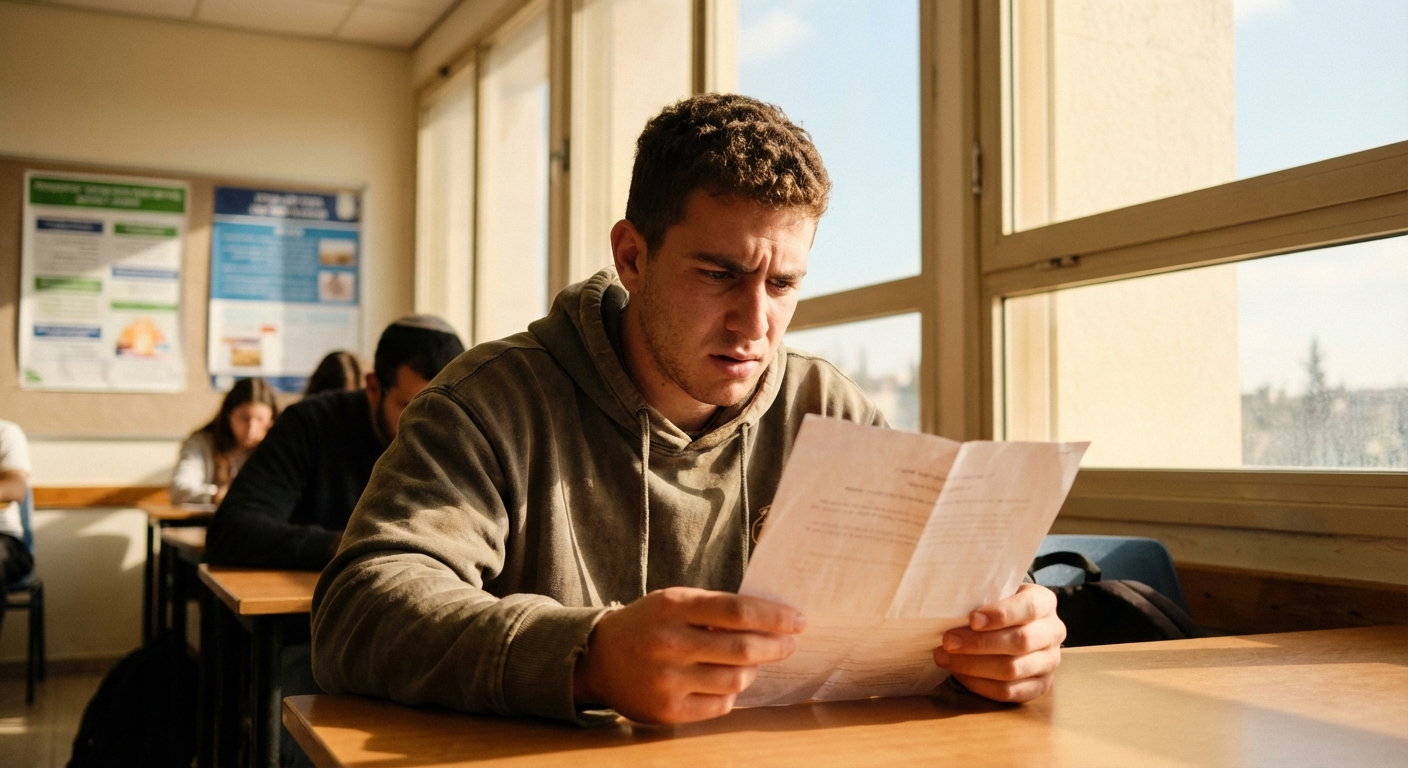 תלמיד ישראלי מסתכל על דף ציונים עם מבט מודאג, רקע כיתת לימוד