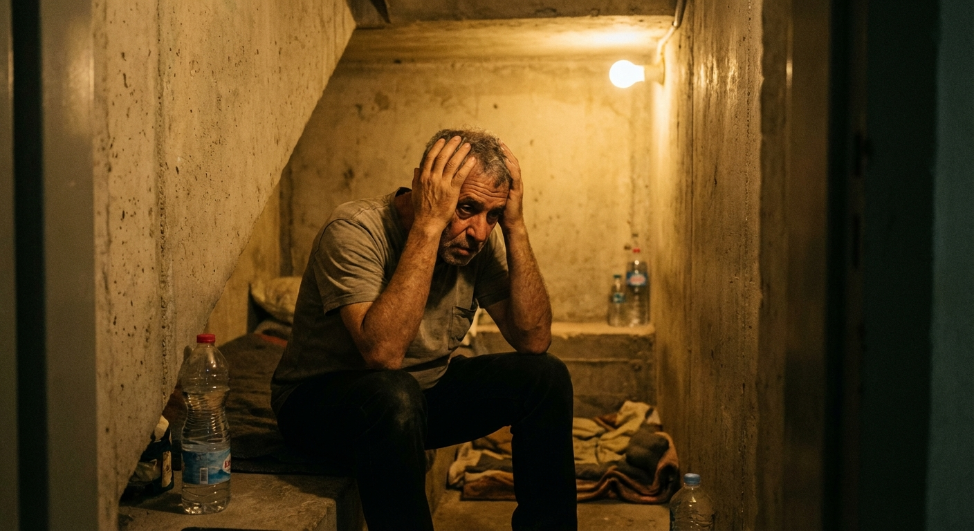 אדם ישראלי יושב בחדר מדרגות ממד עם ידיים על הראש, תאורה חמה