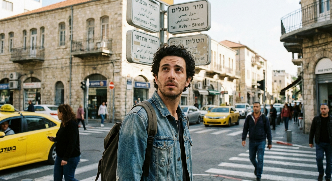 גבר ישראלי צעיר עומד בצומת דרכים בעיר, מסתכל על שלטים בהיסוס, אור יום טבעי