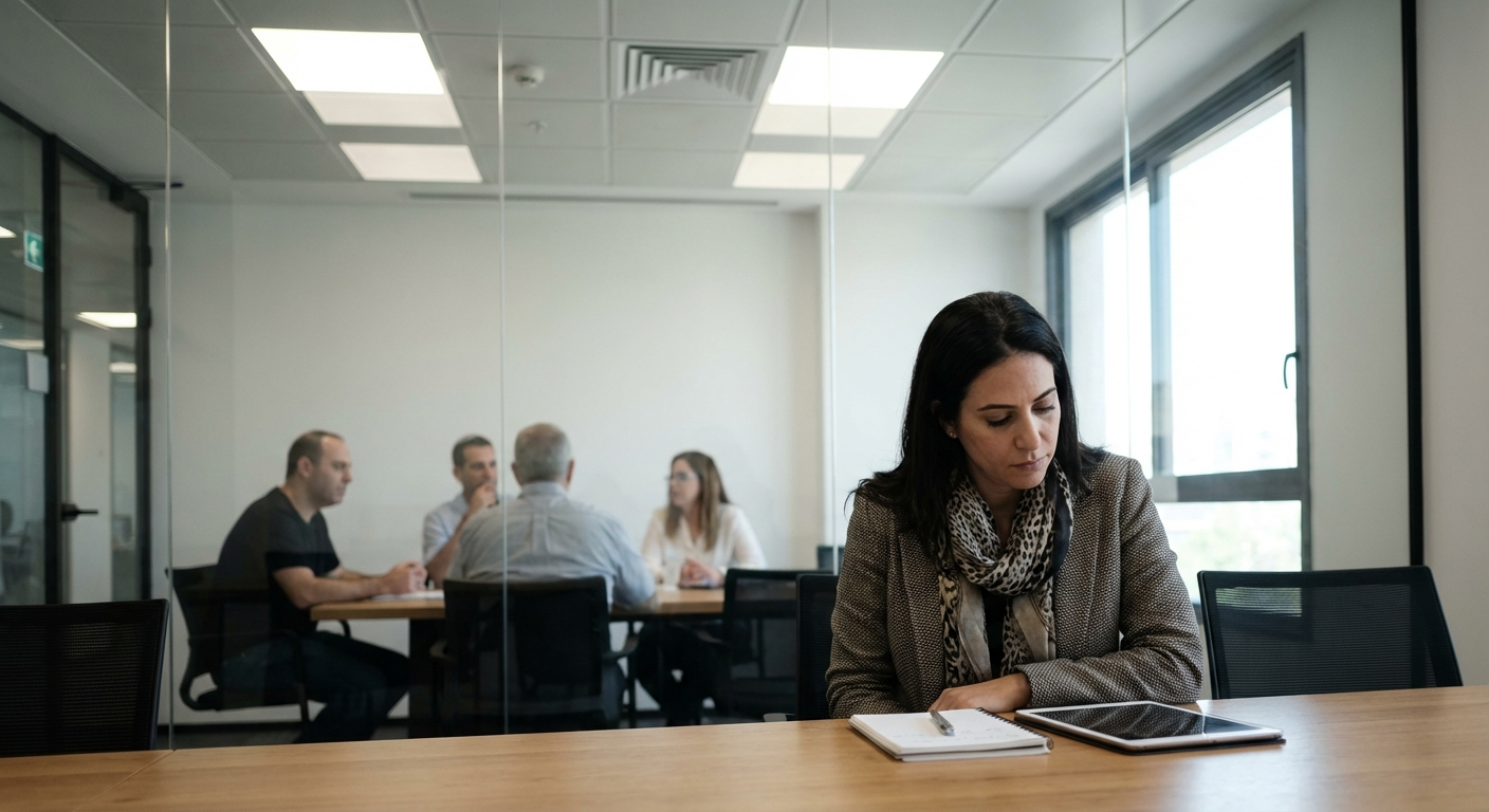אישה ישראלית יושבת בפגישת עבודה, מסתכלת למטה בעוד אחרים מדברים סביבה, אור משרדי