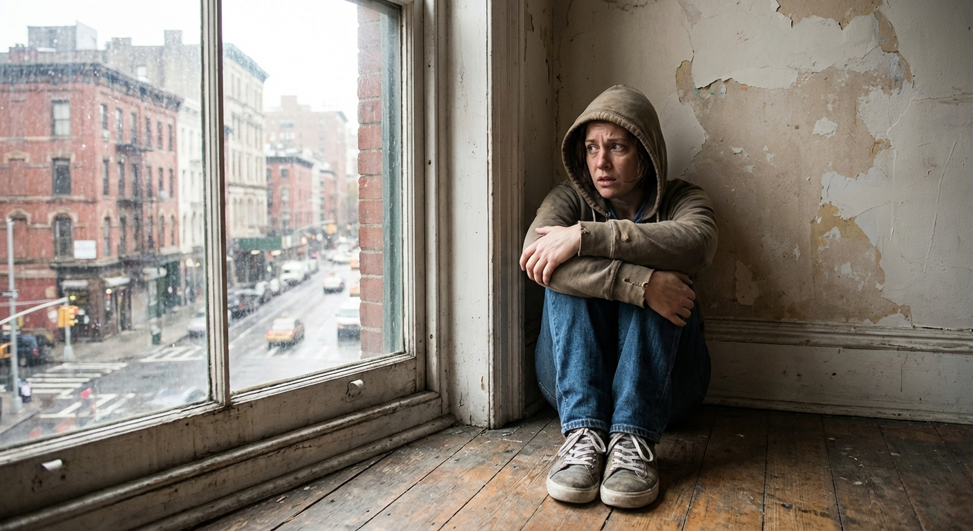 אדם ישראלי יושב על הרצפה ליד קיר, מחבק את הברכיים, חלון עם נוף עירוני ברקע