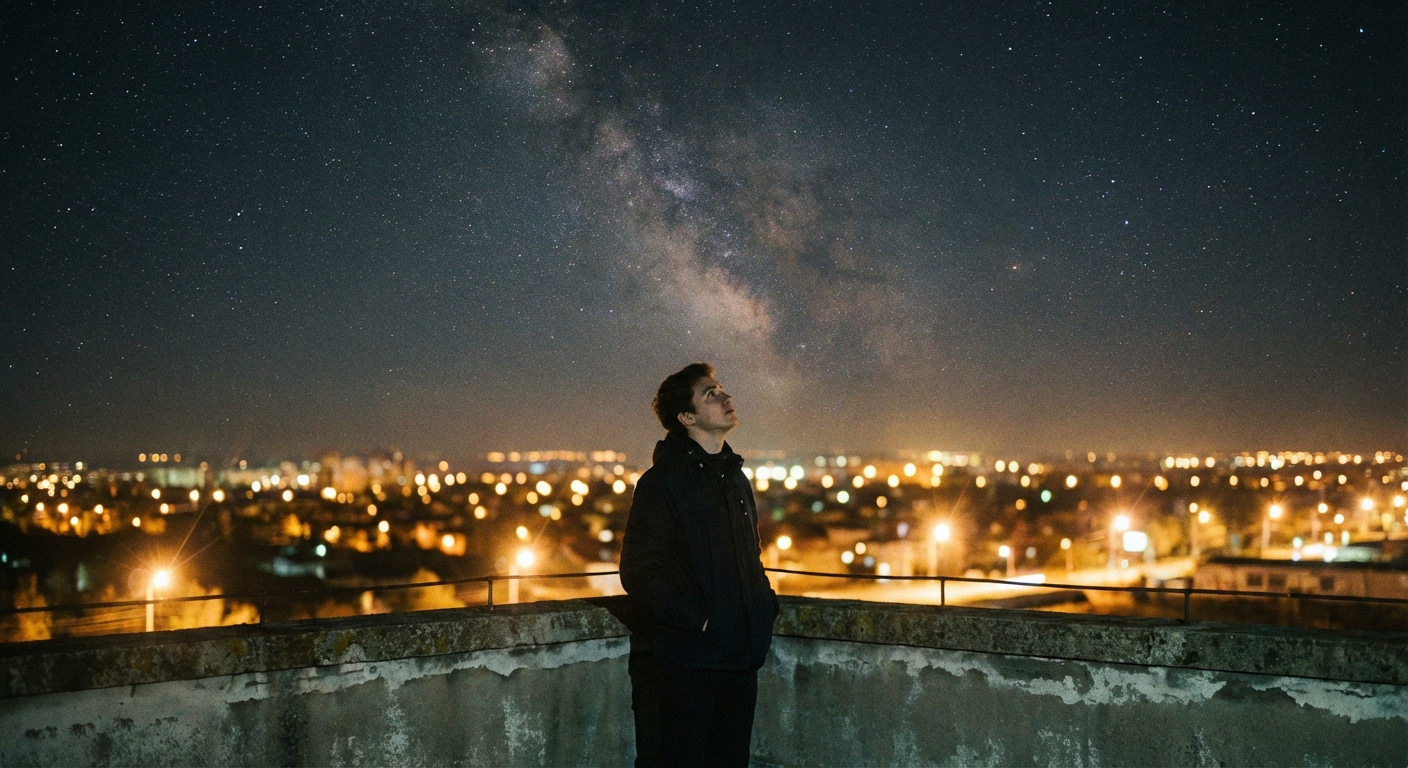 אדם עומד על גג בלילה מביט לשמיים מלאי כוכבים, תחושת קוטן מול האינסוף