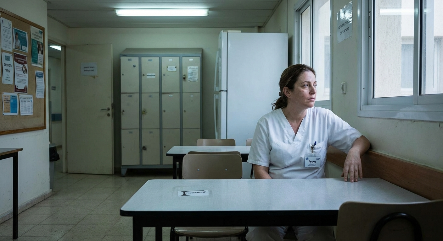 אחות ישראלית יושבת בחדר צוות ריק, מבט מהורהר, מדי עבודה לבנים