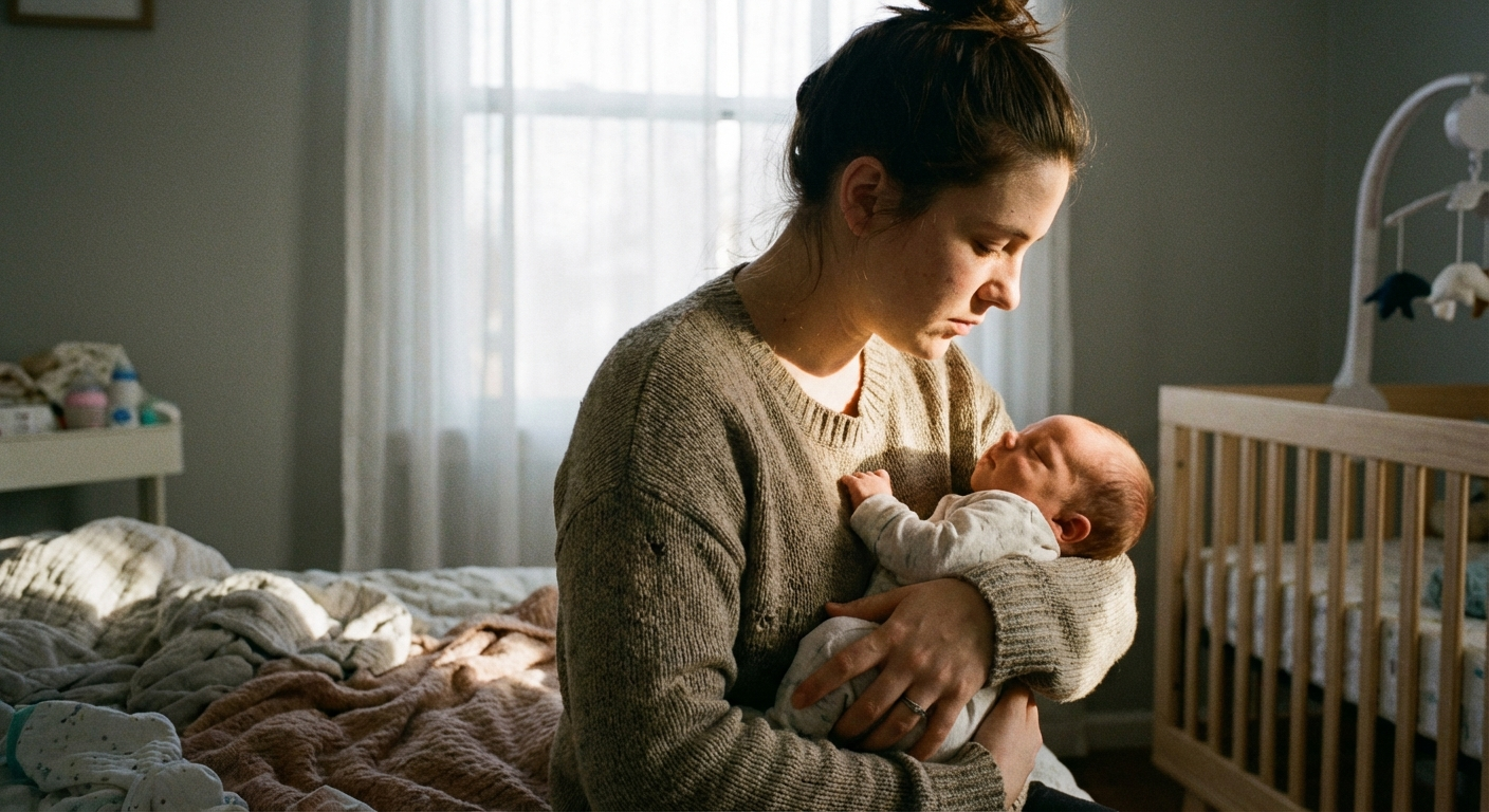 הורה צעיר מחזיק תינוק ומביט בו בעיניים עייפות אך אוהבות, חדר מואר בבוקר