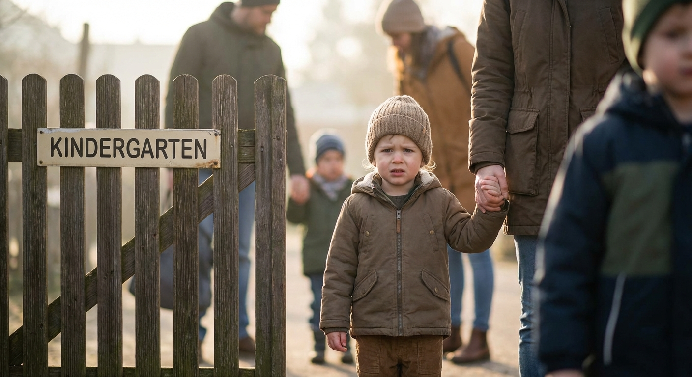 ילד קטן מחזיק ביד של הורה בפתח גן ילדים, מבט מודאג, תאורה טבעית רכה
