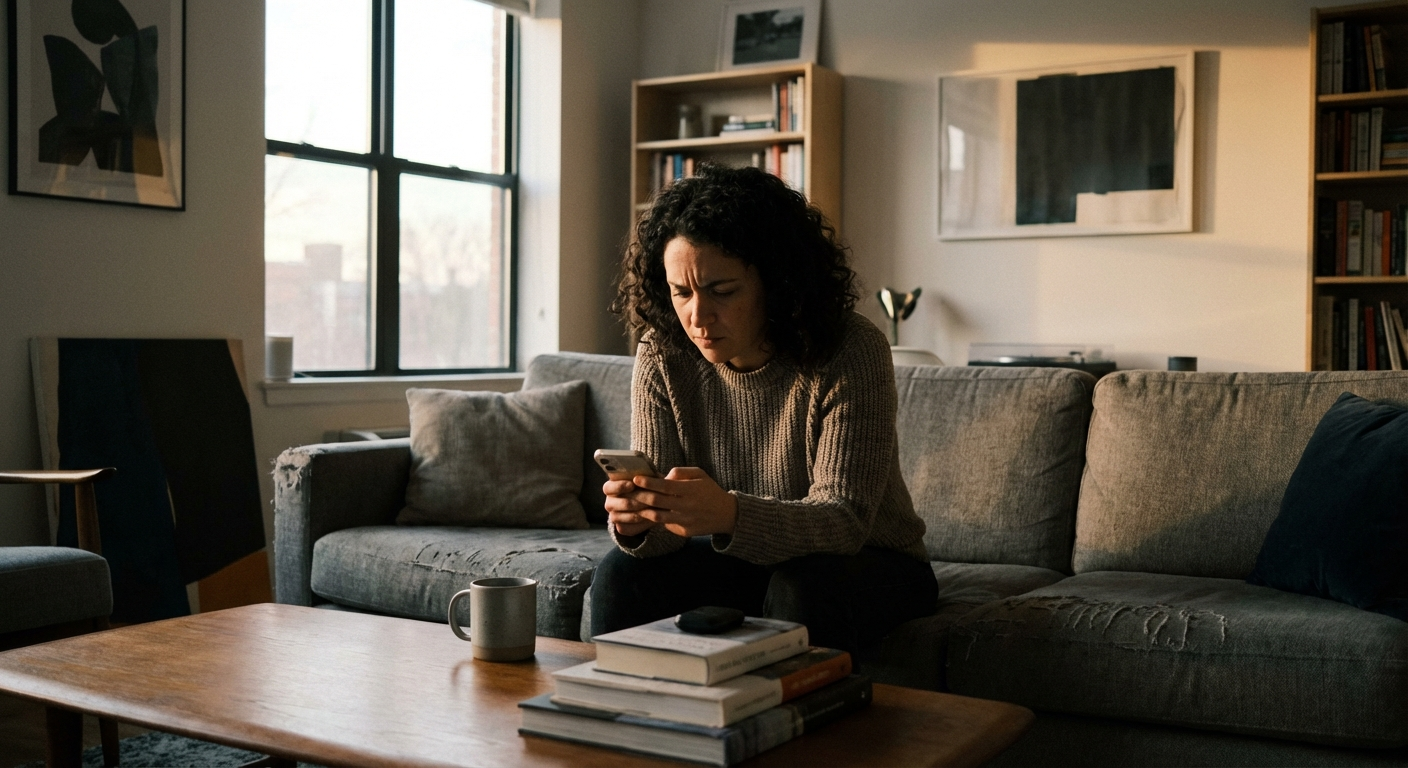 אישה ישראלית צעירה יושבת לבד על ספה בסלון, מסתכלת על טלפון, מבט מודאג, תאורת ערב רכה