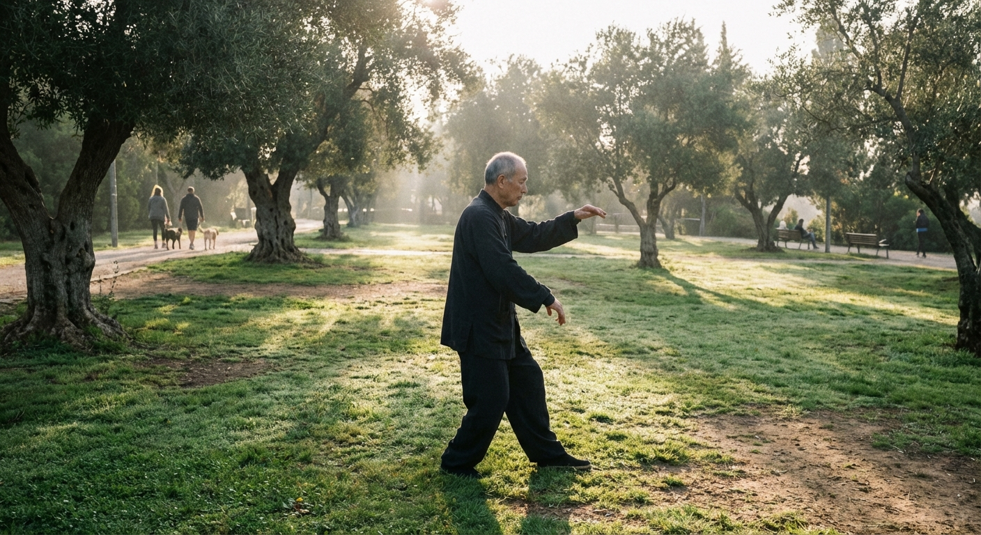 אדם עושה טאי צ׳י בפארק ישראלי בשעות הבוקר המוקדמות, אור רך, תנועה זורמת