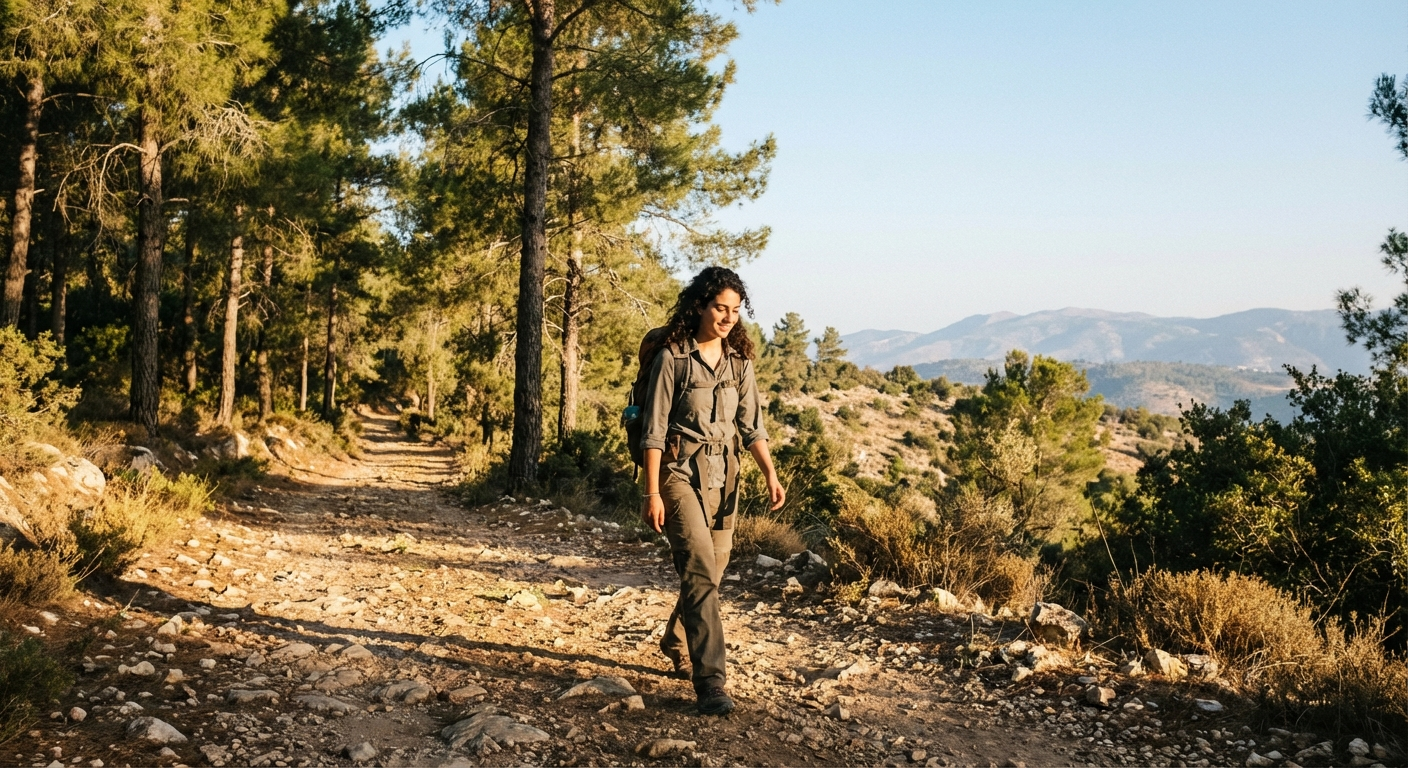 אישה ישראלית צעירה הולכת בשביל ביער ישראלי, אורנים, אור בוקר חם, מבט רגוע