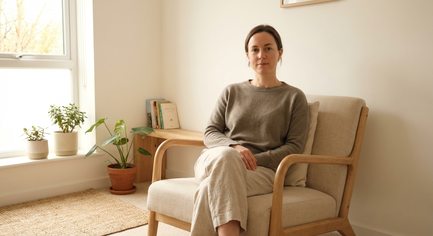 אדם יושב בחדר טיפול מואר, מביט קדימה בריכוז, סביבה נעימה ומרגיעה