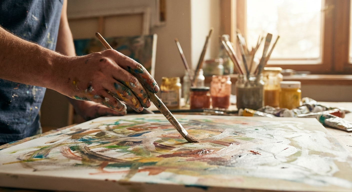 ידיים מלוכלכות בצבע מציירות על קנבס, תנועה חופשית, אווירה רגועה