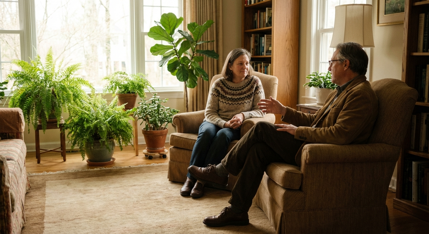 שני אנשים יושבים בחדר טיפולי, שיחה רגועה, אור טבעי רך
