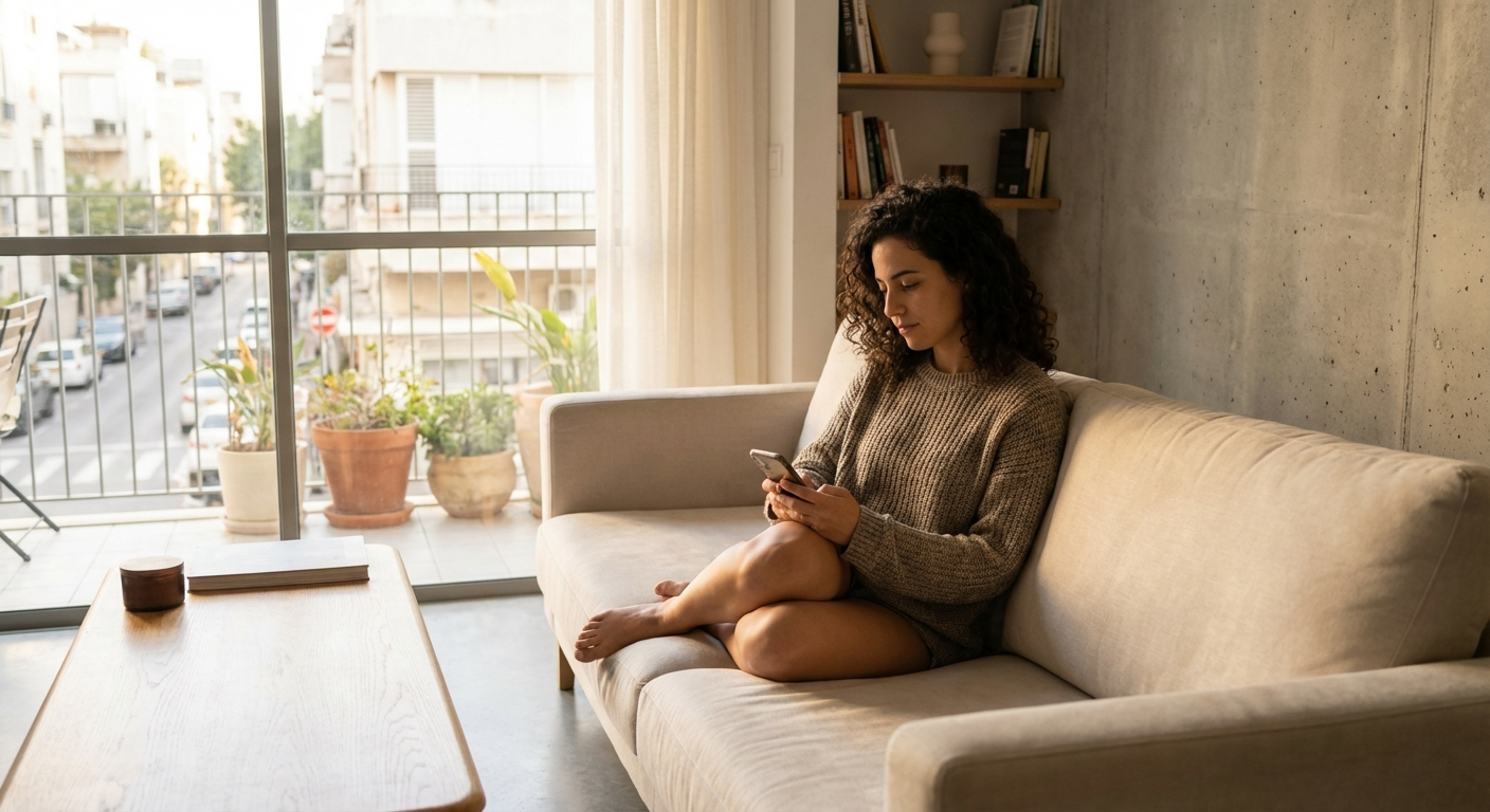 צעירה ישראלית יושבת על ספה בסלון ביתי, מחזיקה טלפון, תאורה חמה וטבעית, הבעה רגועה