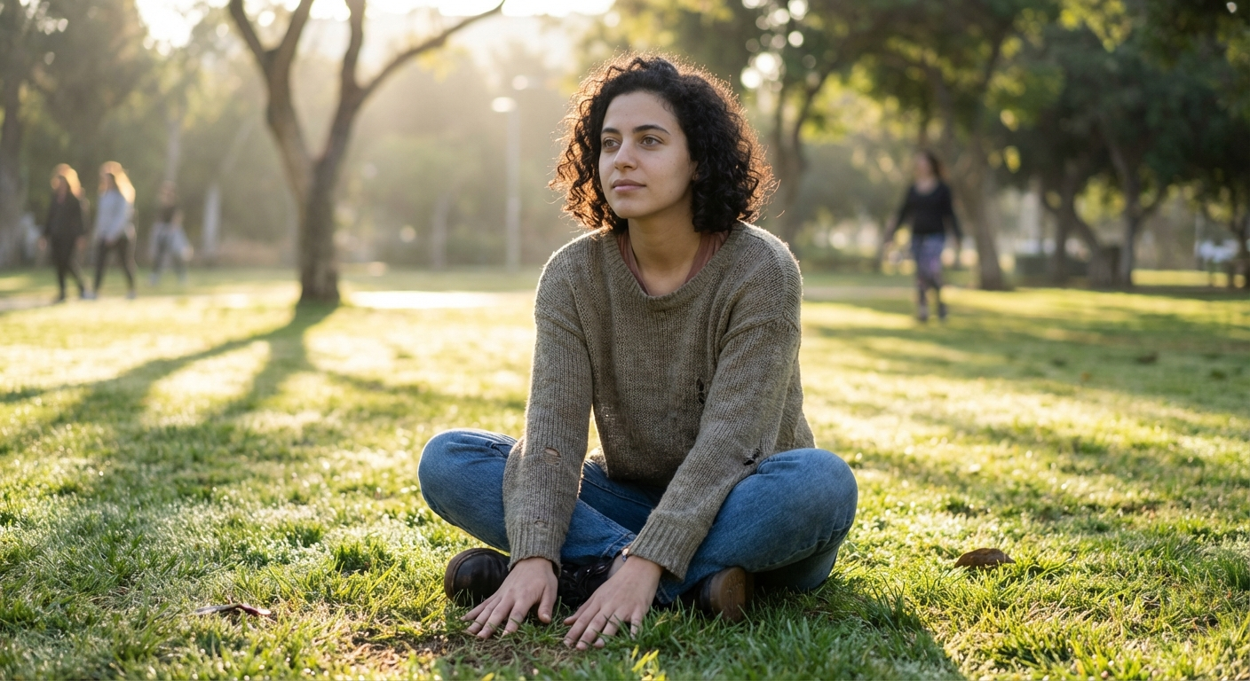 אישה צעירה יושבת בטבע, עיניים פקוחות, מביטה מסביבה בתשומת לב, ידיים נוגעות בדשא