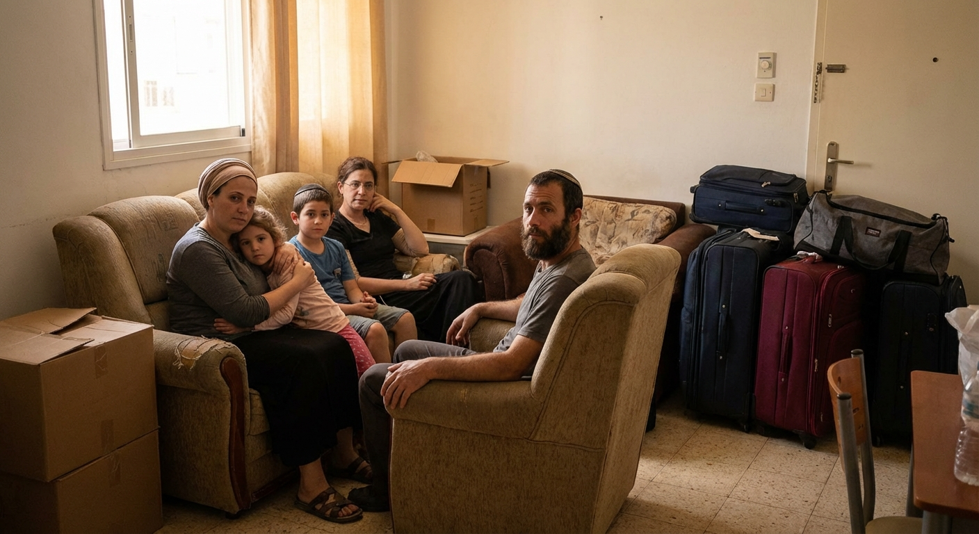 משפחה ישראלית יושבת בסלון זמני עם מזוודות, מבטים מודאגים, אור חם רך