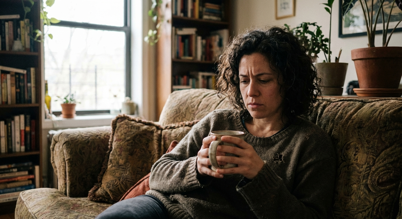 אישה ישראלית יושבת על ספה מחזיקה כוס תה, מבט עייף ומודאג, תאורה רכה
