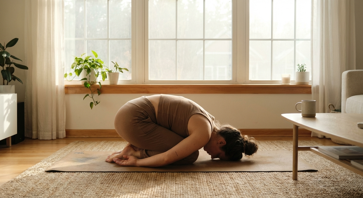 אישה מתרגלת יוגה בסלון ביתי, תנוחת ילד, אווירה רגועה ואור טבעי