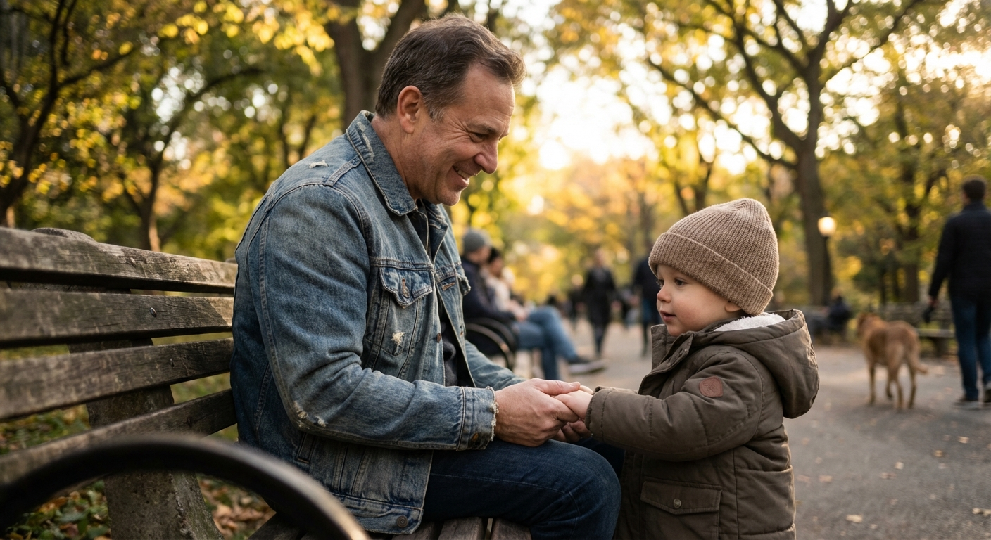 הורה מחזיק יד של ילד בפארק, שניהם יושבים על ספסל, אווירה חמה ותומכת