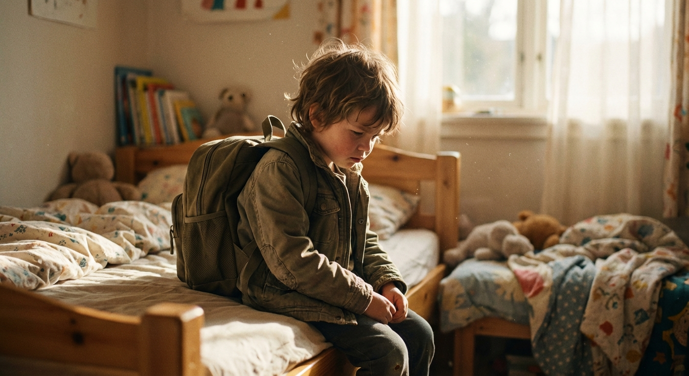ילד יושב על שפת המיטה עם תיק בית ספר לידו, מביט למטה בדאגה, חדר ילדים מואר בבוקר