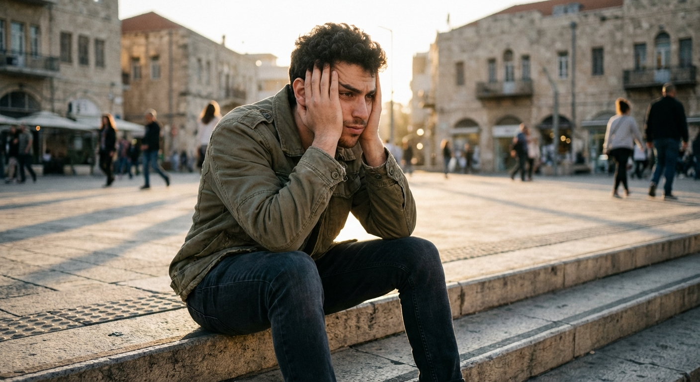 גבר ישראלי צעיר יושב על מדרגות חיצוניות, ראש מושען על ידיים, רגע של תסכול עצמי