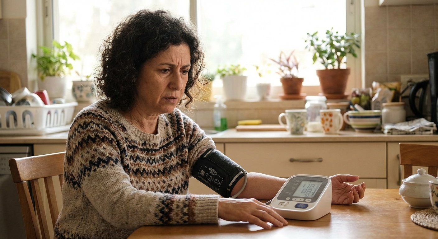 אישה ישראלית מודדת לחץ דם בבית עם מבט מודאג