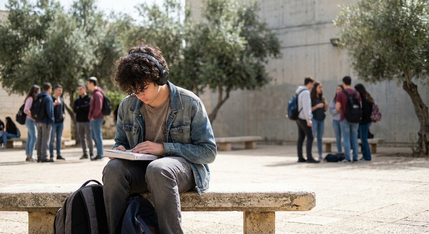 נער ישראלי יושב לבד בחצר בית ספר תיכון עם אוזניות, תלמידים אחרים ברקע
