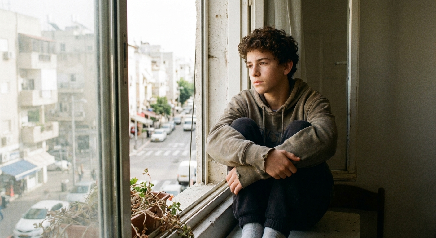 מתבגר/ת יושב/ת על אדן חלון עם אור טבעי, מביט/ה החוצה, ללא טלפון