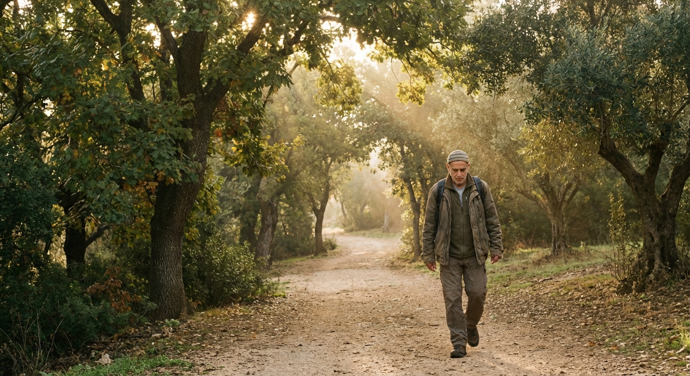 אדם ישראלי הולך לבד בשביל בפארק ירוק עם אור בוקר רך, תנוחה רגועה