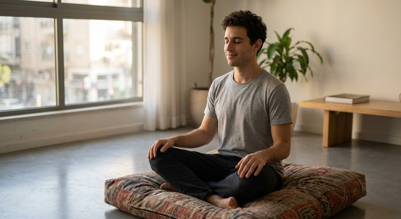 גבר ישראלי צעיר יושב על כרית בסלון ביתי, עיניים עצומות, תנוחה רגועה, אור טבעי מהחלון