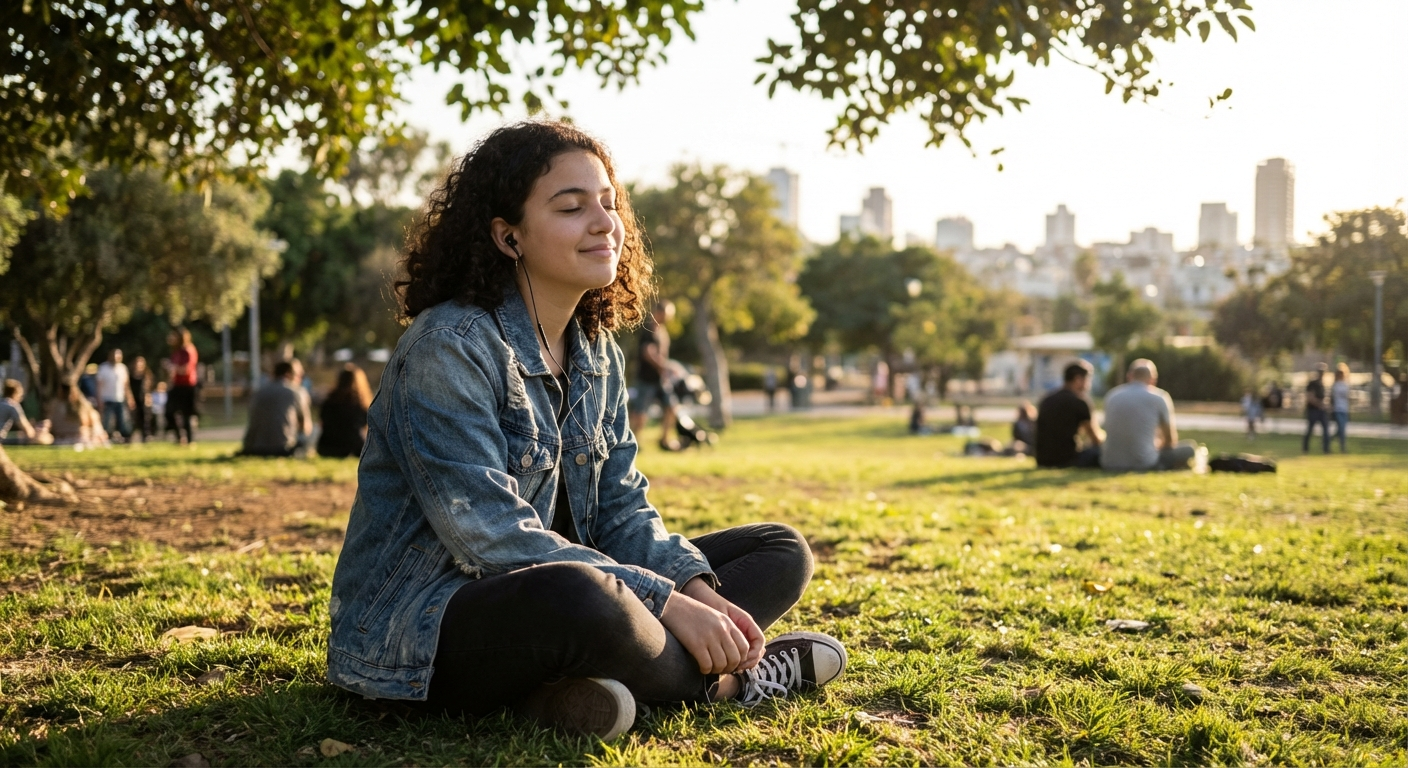 נערה ישראלית בת 17 יושבת על מדשאה עם אוזניות, עיניים עצומות, אור שמש רך