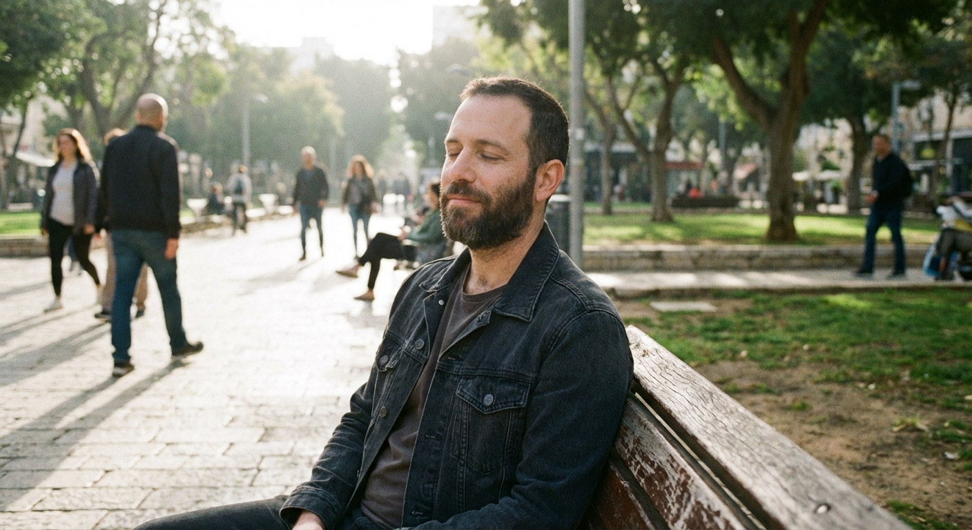 גבר ישראלי יושב על ספסל בפארק עירוני, עוצם עיניים ונושם, אור בוקר רך, אווירה טבעית ושקטה