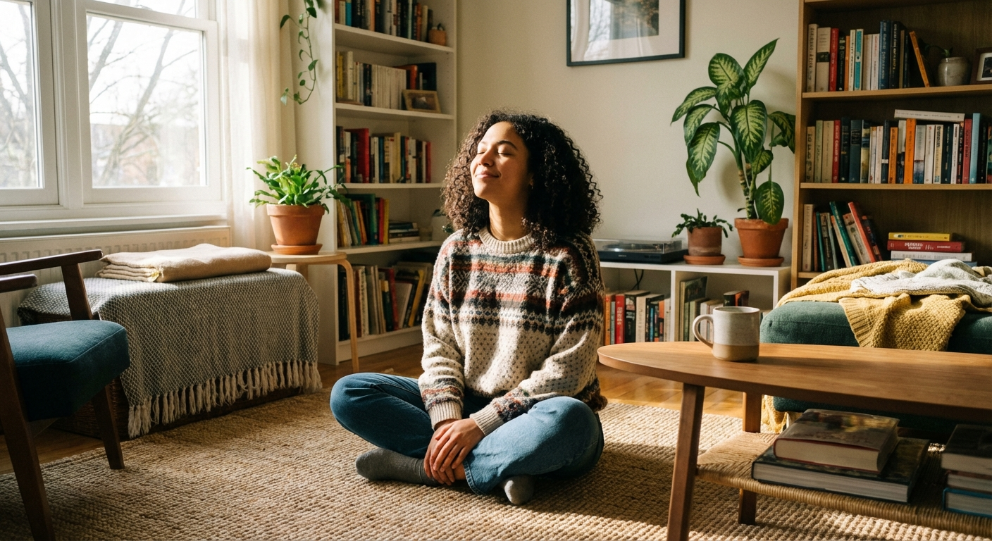 אישה ישראלית צעירה יושבת על שטיח עם עיניים עצומות וחיוך קל, אור בוקר רך, סביבה ביתית