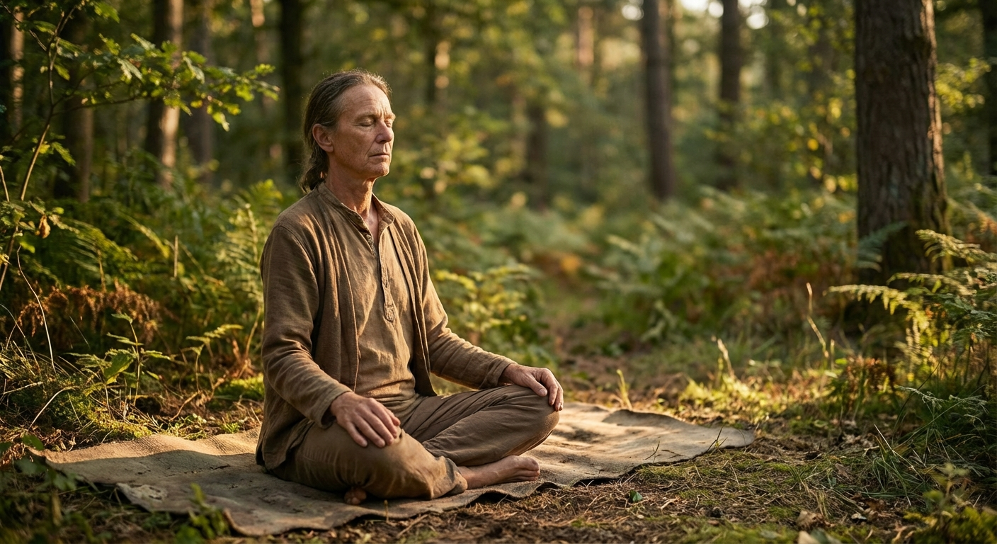 אדם יושב בתנוחת מדיטציה עם עיניים עצומות, אור חם רך, רקע מטושטש של טבע ירוק