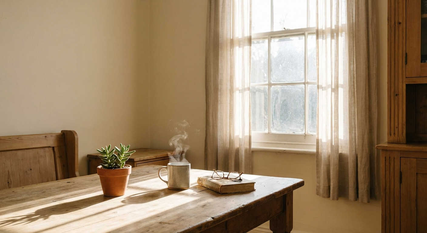 אור בוקר רך נכנס דרך חלון, ספל על שולחן עם צמח קטן, אווירה שקטה