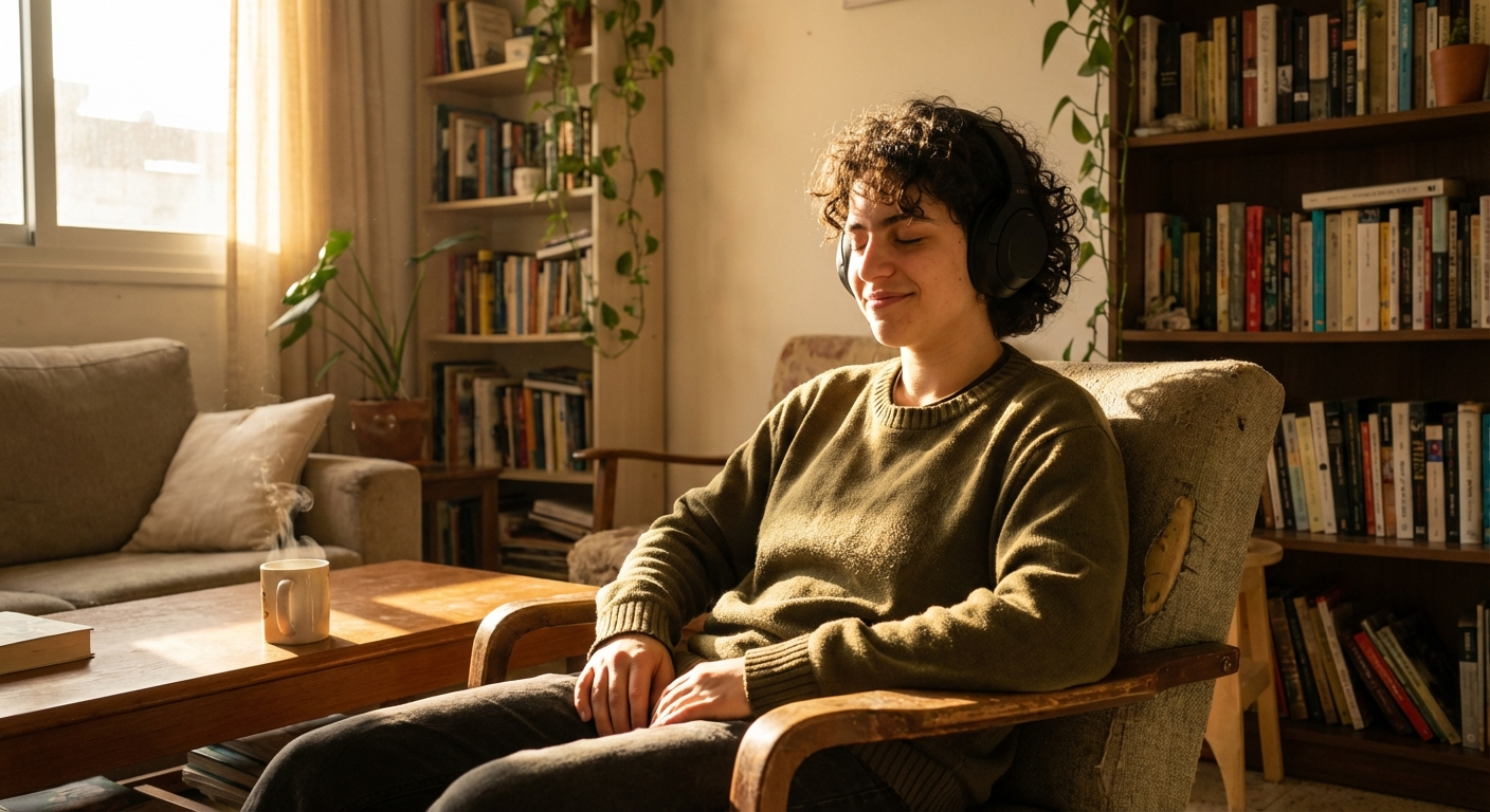 אדם יושב עם אוזניות, עיניים עצומות, חיוך קל, אור חם רך