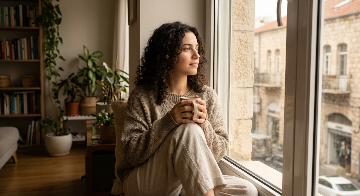 אישה ישראלית צעירה יושבת ליד חלון בבית, מביטה החוצה בעיניים פקוחות, אור טבעי רך על הפנים