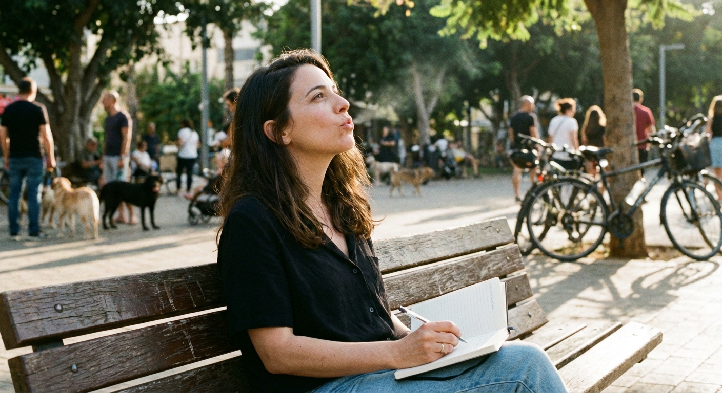 אישה ישראלית יושבת על ספסל בפארק, מביטה הצידה במחשבה, מחזיקה מחברת ועט, נושמת לאט
