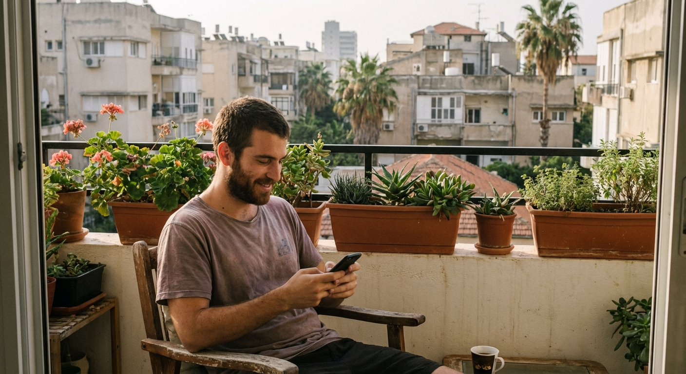צעיר ישראלי יושב במרפסת בשעת בוקר, מחזיק טלפון ומחייך קלות