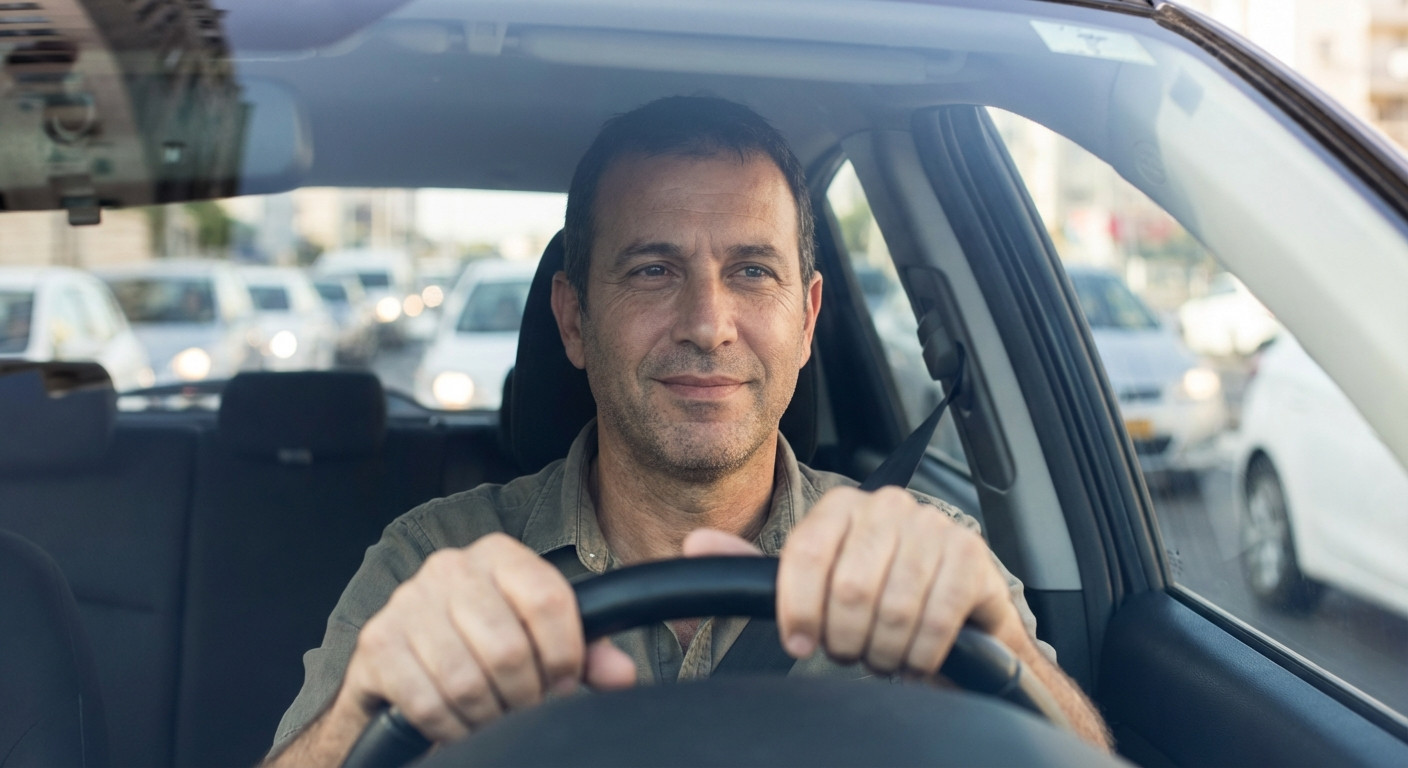 גבר ישראלי יושב ברכב תקוע בפקק, מחזיק את ההגה, מביט קדימה בשלווה