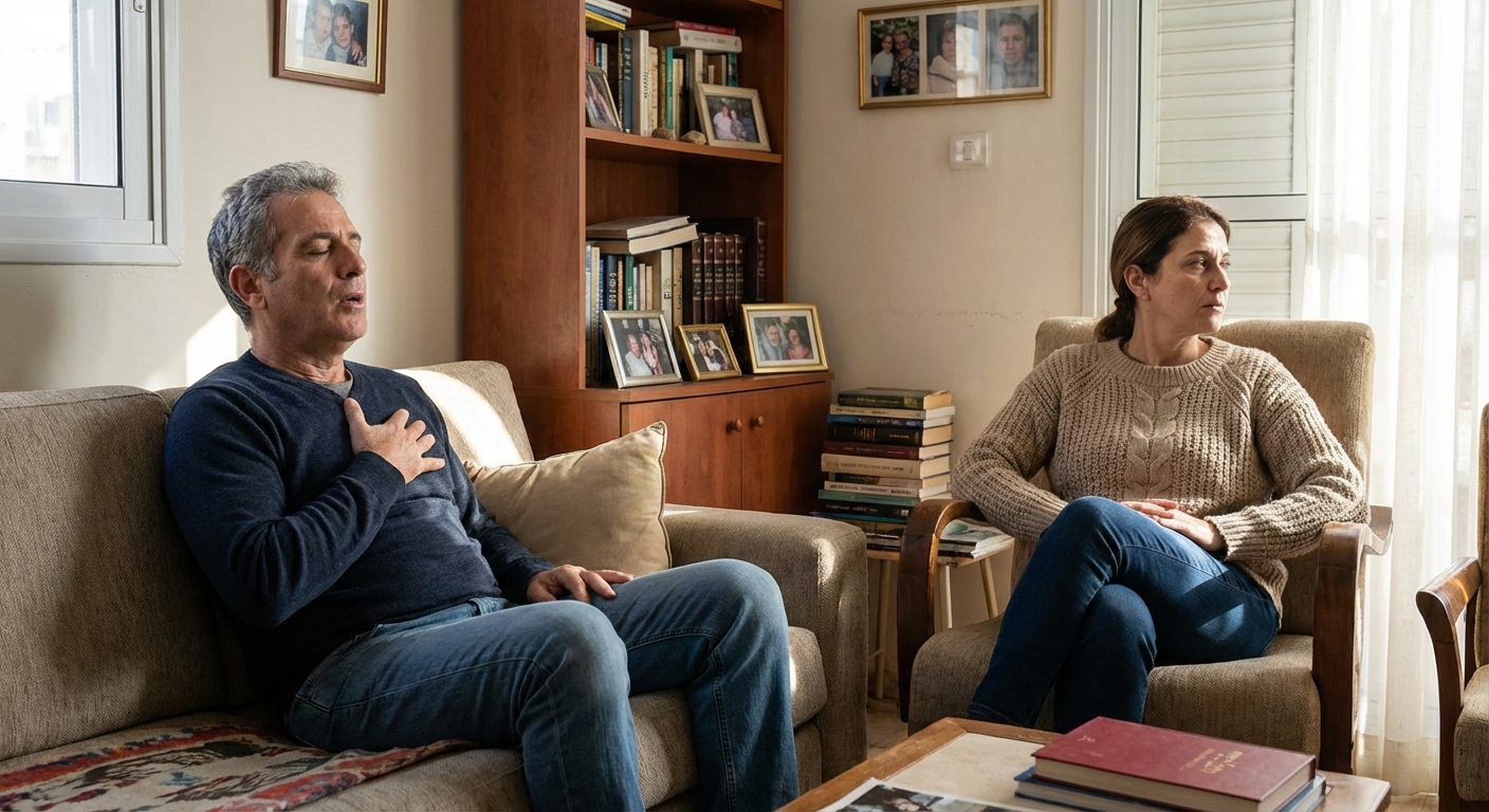 זוג ישראלי יושב בסלון לפני שיחה, אחד מהם נושם עמוק ומסתכל לרגע הצידה