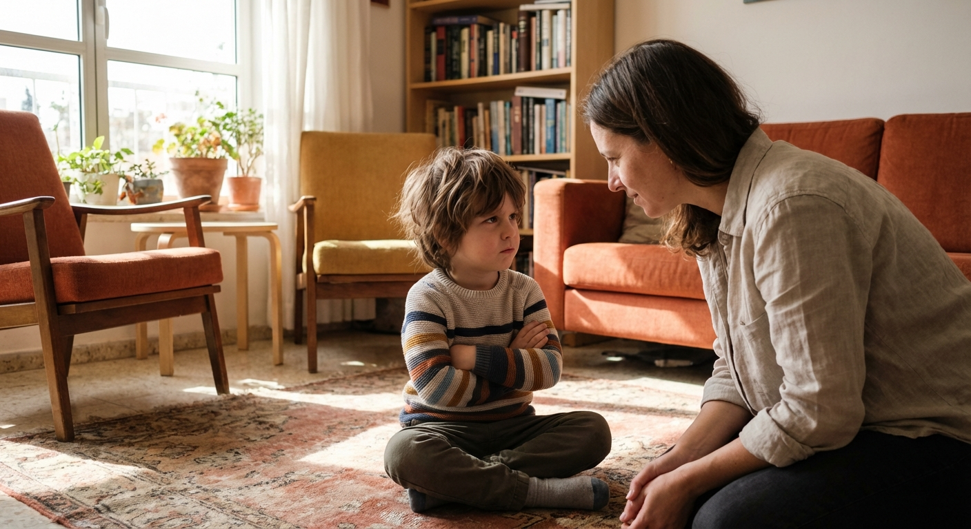 ילד ישראלי כועס יושב על הרצפה עם ידיים משוכלות, הורה יושב מולו בגובה העיניים