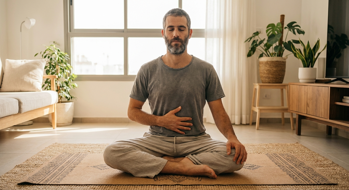 גבר ישראלי צעיר יושב על מזרן יוגה בסלון ביתי, יד על הבטן, עיניים עצומות, תרגול נשימה