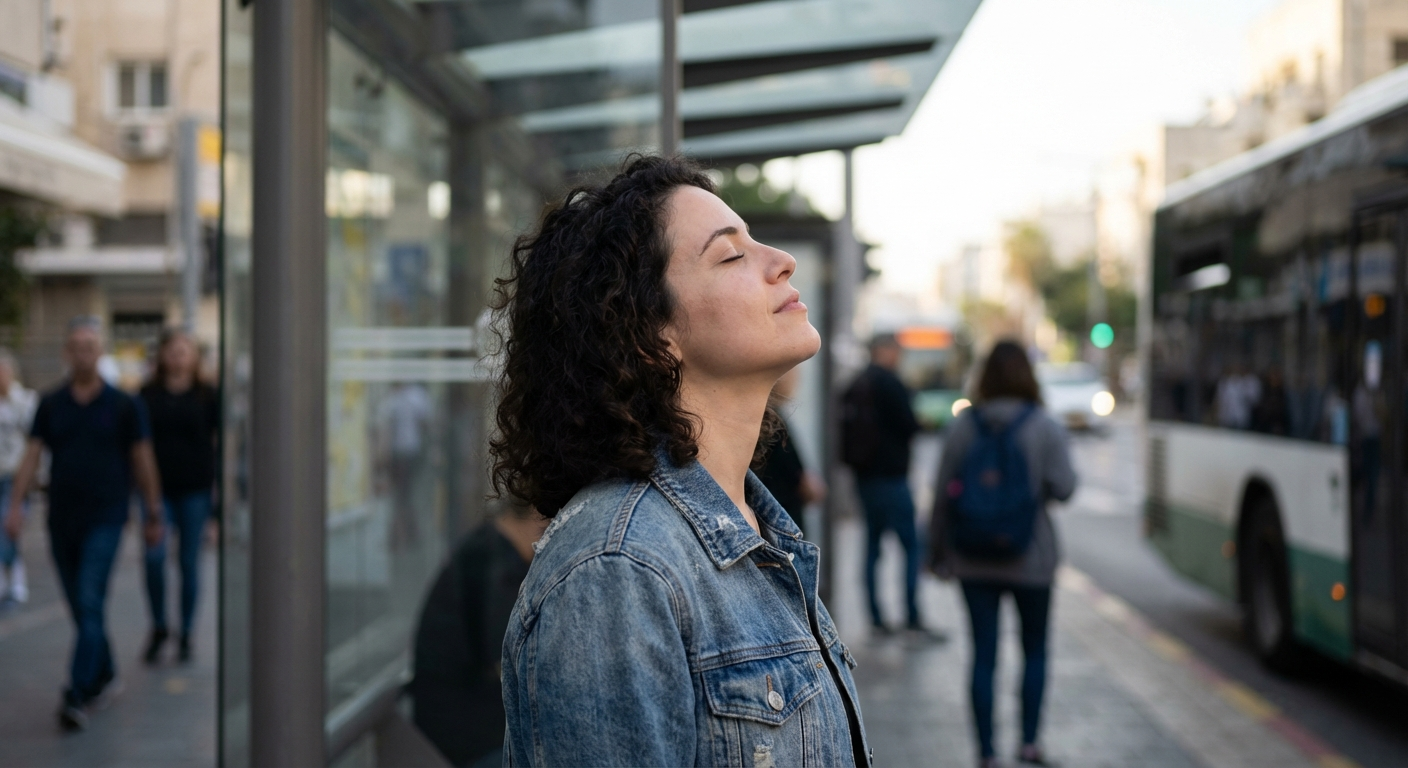 אישה ישראלית עומדת בתחנת אוטובוס בעיר, עוצמת עיניים ונושמת עמוק, אור יום טבעי, רגע שקט בתוך רעש