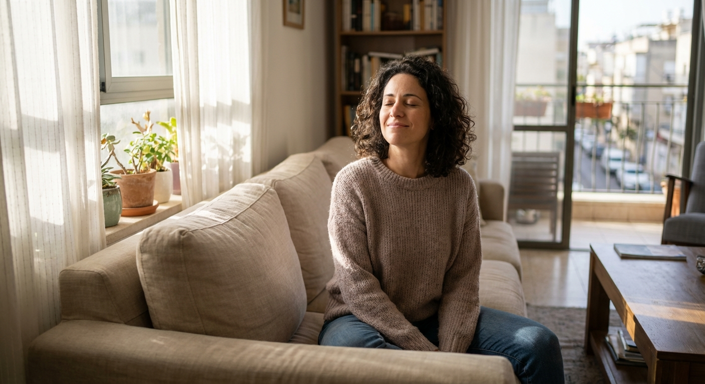 אישה ישראלית יושבת על ספה בסלון מואר, עיניים עצומות, נושמת לאט בשלווה