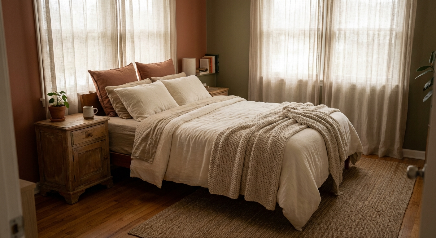 חדר שינה מואר בצורה רכה עם מצעים מסודרים ואור טבעי, אווירה אינטימית ורגועה