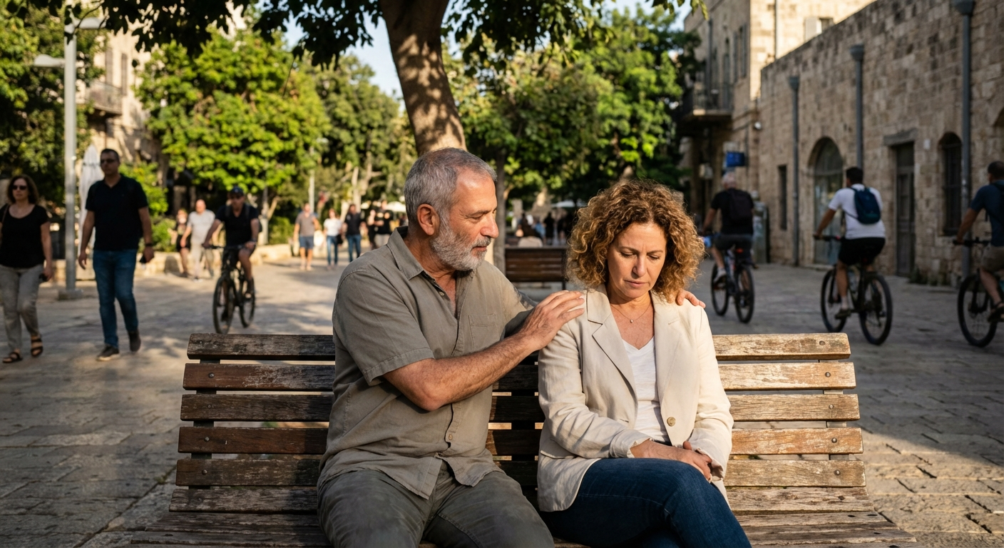 שני אנשים יושבים על ספסל ברחוב בישראל, אחד מניח יד על כתף השני, תאורה טבעית
