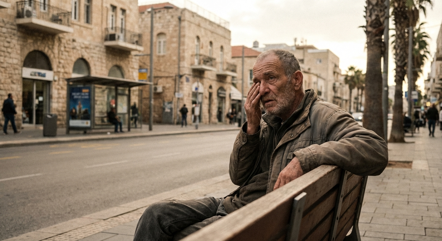 אדם ישראלי יושב על ספסל ציבורי, מביט לרחוק בעייפות, נוף עירוני ישראלי ברקע
