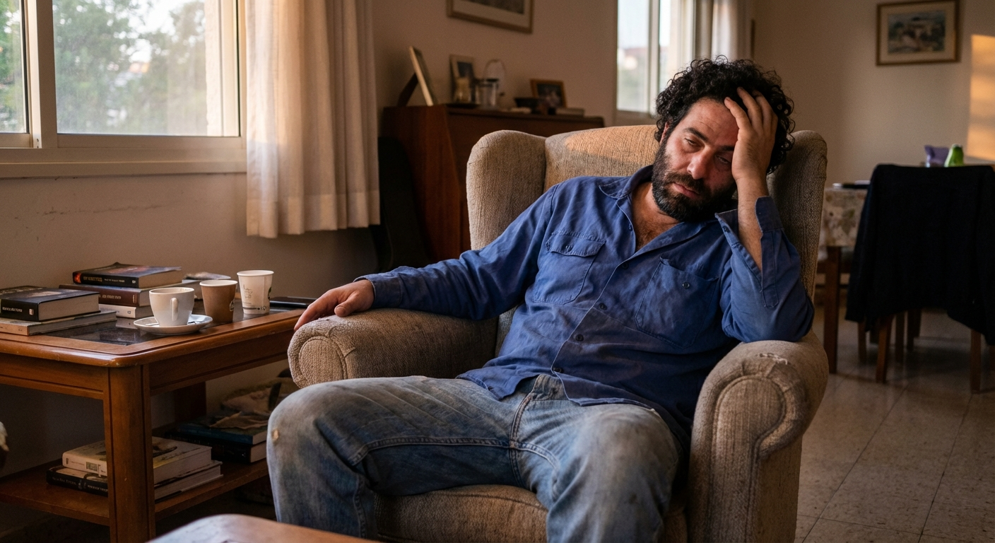 גבר ישראלי יושב על כורסה בסלון בסוף יום, מבט עייף ומרוקן, תאורת ערב רכה